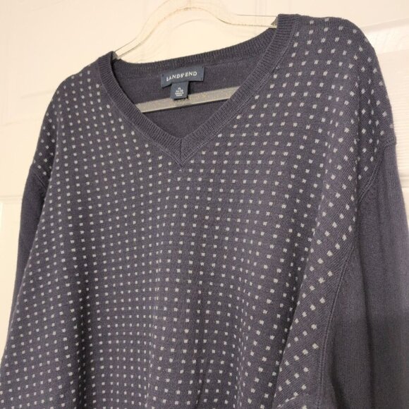 Lands End Cotton Cashmere Sweater Mens Size XL Blue Geometric V Neck Pullover - Picture 2 of 6
